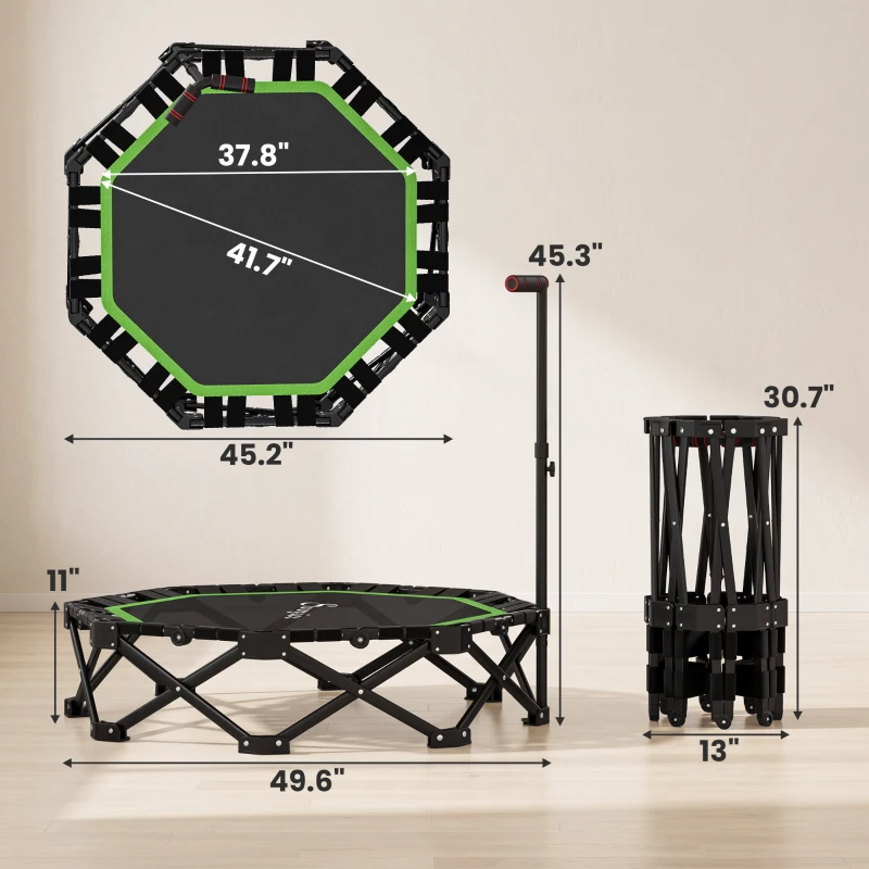 Soozier 50" Foldable Mini Trampoline for Adults, One-Step Fold & Open, 550LBS Capacity, 3-Level Adjustable Handle, Green