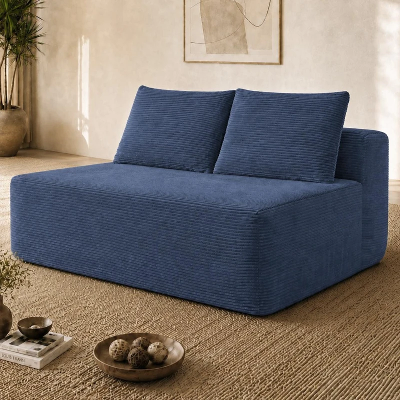 Vivid Corduroy Chaise Lounge with Dual Seats, Deep Seat and Cup Holder, Lively Couch for Living Room and Bedroom, 57'' L x 35" W x 24" H, Blue