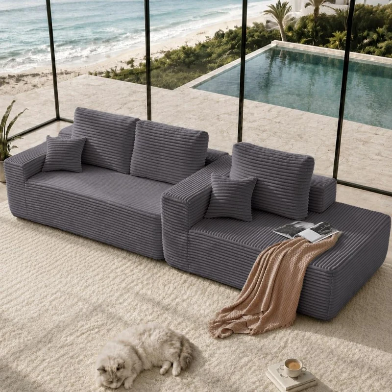 Gentle Fabric Sofa with L-Shaped Chaise and Side Pockets, Wise Couch for Living Room and Bedroom, 104'' L x 67" W x 32.5" H, Grey Right