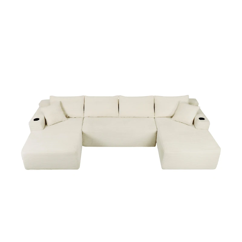 Chic Cloud Sectional with U-Shape Chaise and Cup Holder, Cozy Modular Couch with Side Pockets and No Assembly, 126'' L x 66" W x 26" H, Beige