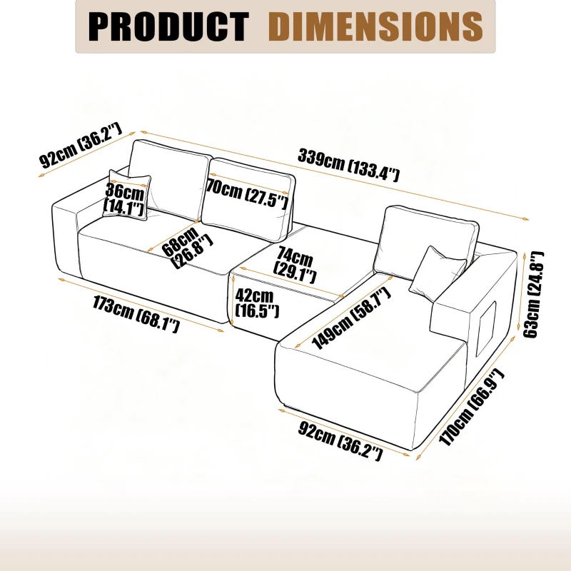 Billowy Fabric Sofa with U-Shaped Chaise and Side Pockets, Tidy Couch for Living Room and Bedroom, 104'' L x 67" W x 32.5" H, Grey Right