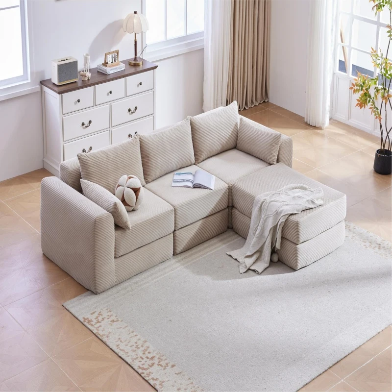 Cozy Modular Sectional with L-Shape and 5 Pillows, Chic Versatile Couch with Soft Corduroy and No Assembly, 100'' L x 35" W x 24" H, Camel