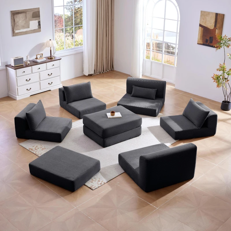 Snuggly Corduroy Sectional Sofa with 5 Pillows and Modular Design, Friendly Couch for Living Room and Bedroom, 100'' L x 35" W x 24" H, Grey