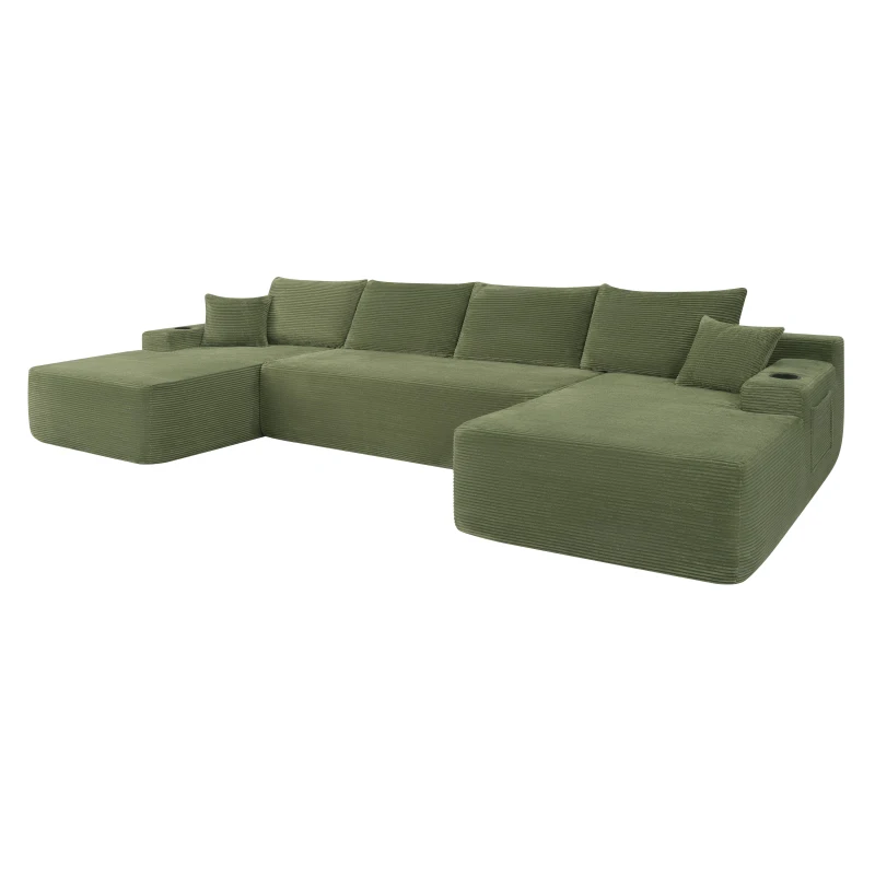 Modern Sectional with U-Shape Chaise and Cup Holder, Cozy Modular Sofa with Side Pockets and No Assembly, 126'' L x 66" W x 26" H, Green