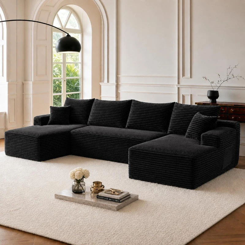 Modern Cloud Sectional with U-Shape Chaise and Side Pockets, Cozy Modular Sofa with Deep Seat and No Assembly, 134'' L x 66" W x 26" H, Black