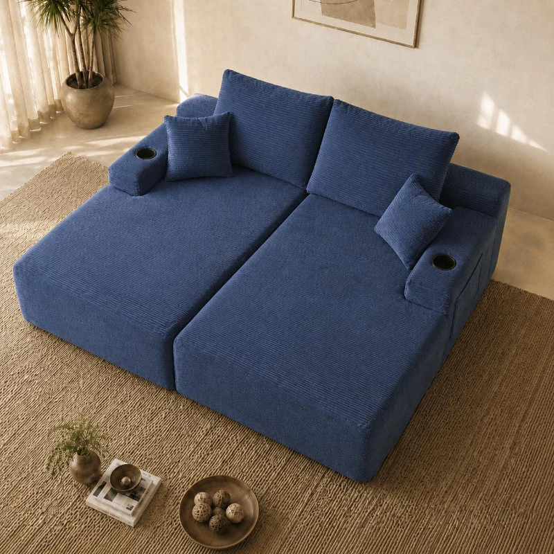 Bold Corduroy Sectional Sofa with Double Chaise and Deep Seat, Cheerful Couch for Modern Living Room and Bedroom, 69'' L x 61" W x 30" H, Blue