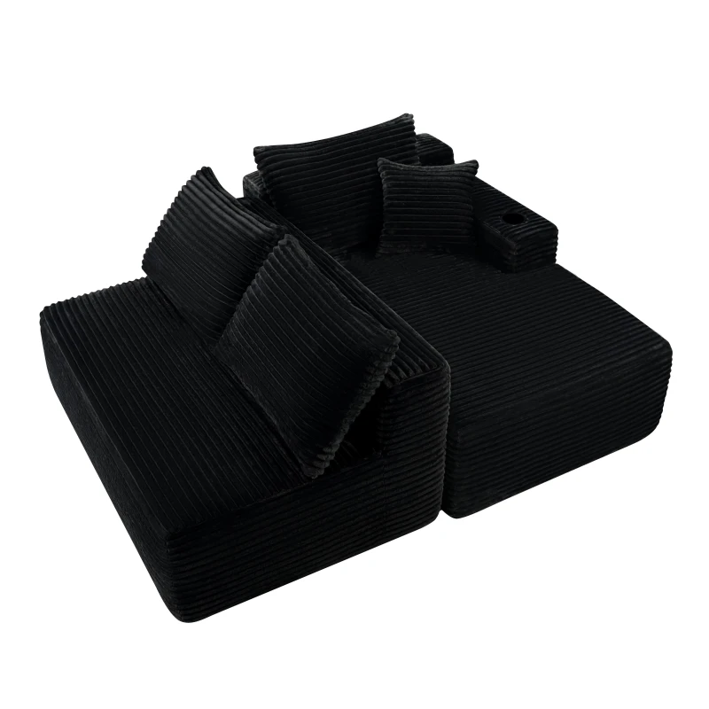 Versatile Corduroy Sectional Sofa with L-Shaped Chaise and Deep Seat, Minimalist Couch for Living Room and Bedroom, 96'' L x 66" W x 33" H, Black