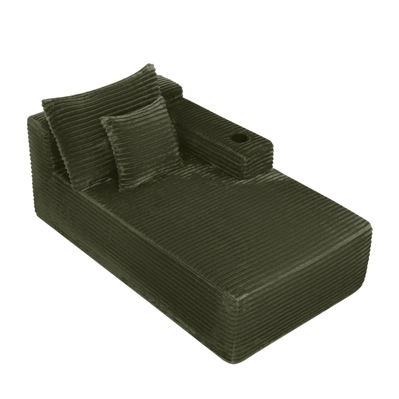 Silken Fabric Chaise Lounge with Cup Holder and Deep Seat, Clever Couch for Living Room and Bedroom, 66'' L x 39" W x 33" H, Green Right