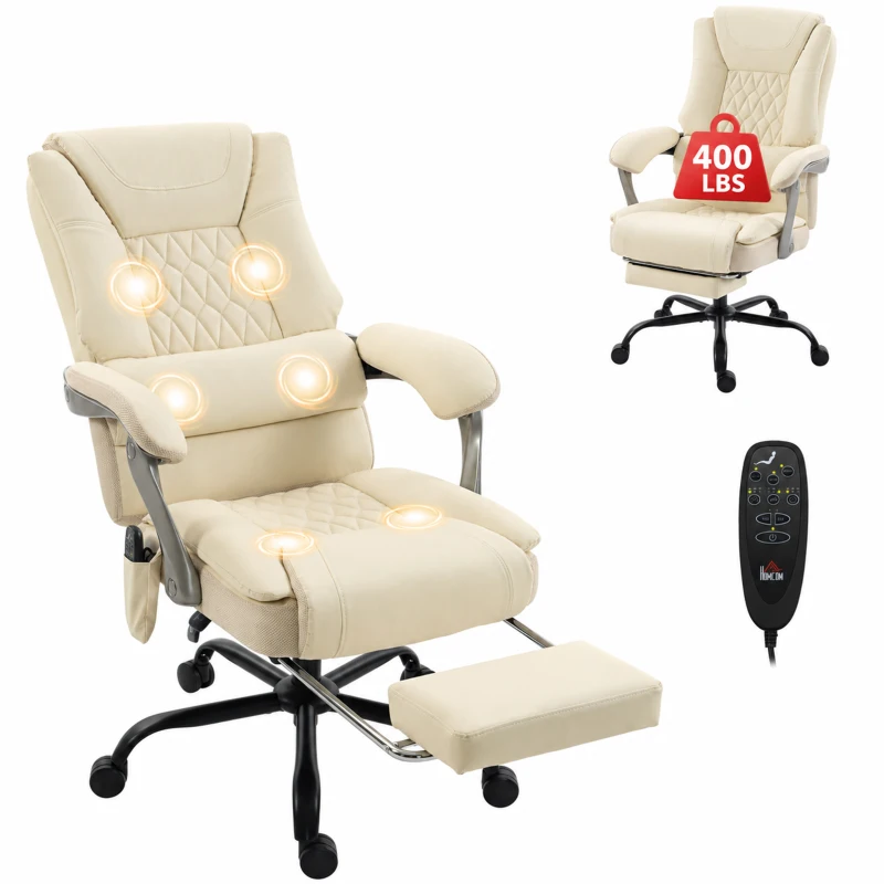HOMCOM 400lbs Massage Office Chair with Heat, Big and Tall Desk Chair, Lumbar Support, Reclining, Footrest, Beige