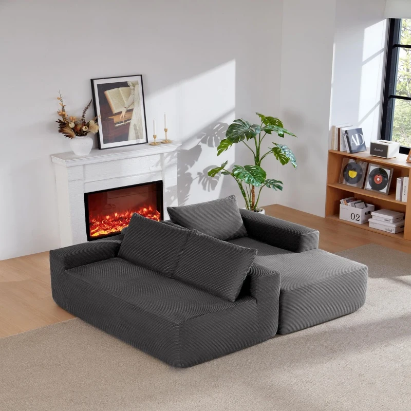 L-Shape Sectional Couch with Right Chaise and Deep Seat, Modern Modular Sofa with Corduroy and No Assembly, 96.5'' L x 60" W x 31" H, Grey