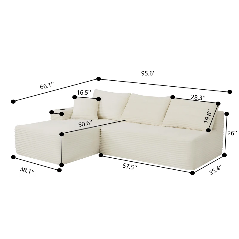 Luxurious Corduroy Sectional Sofa with L-Shaped Chaise and Cup Holder, Cozy Couch for Living Room and Bedroom, 96'' L x 66" W x 33" H, Black