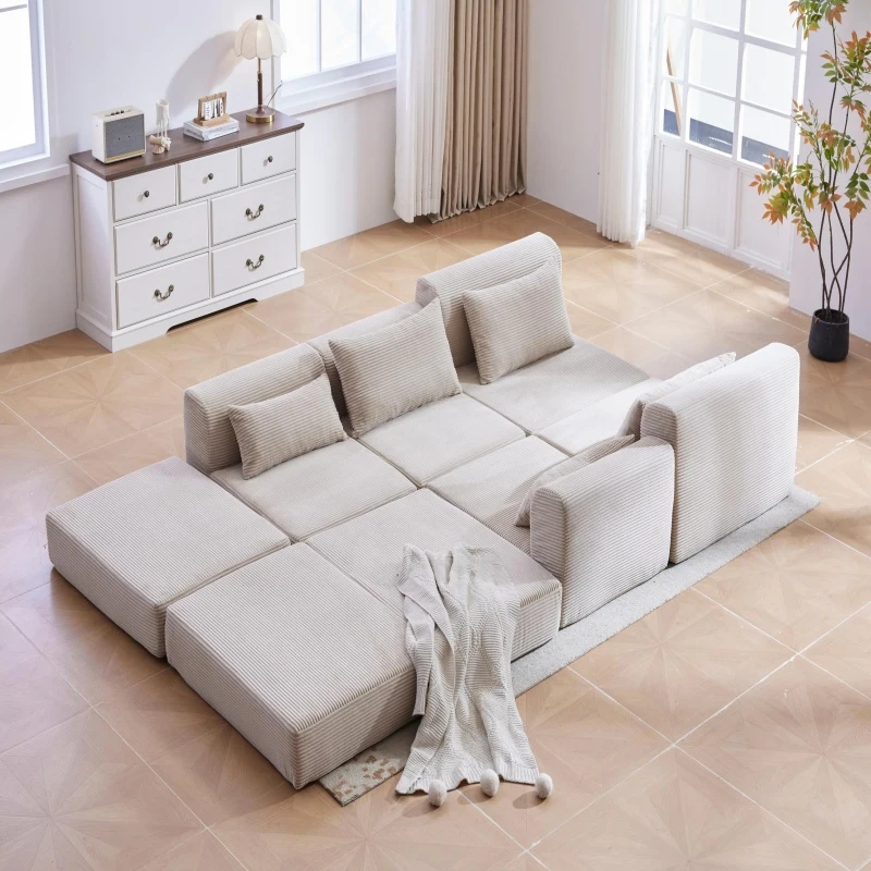 Cozy Modular Sectional with L-Shape and 5 Pillows, Chic Versatile Couch with Soft Corduroy and No Assembly, 100'' L x 35" W x 24" H, Camel