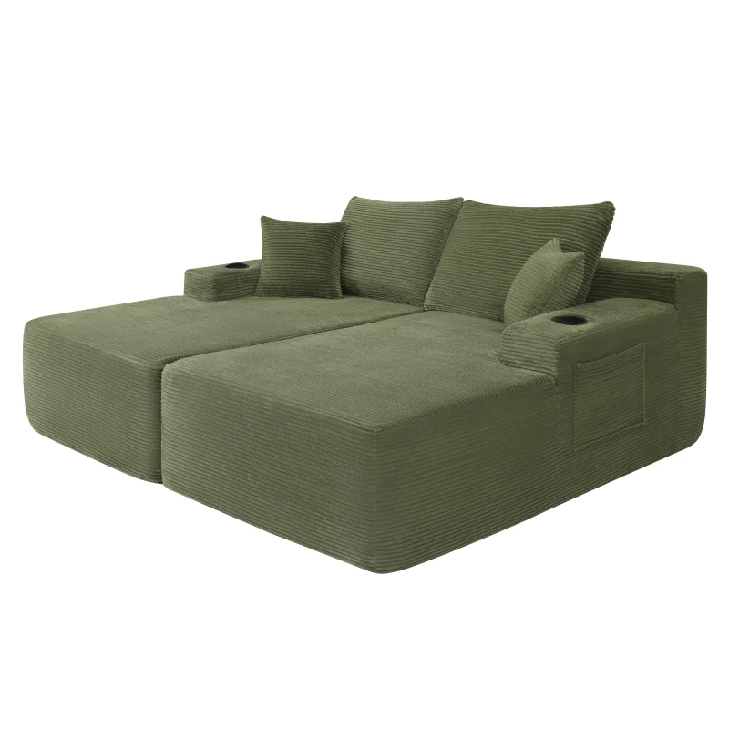 Modern Cloud Sectional with Double Chaise and Deep Seat, Cozy 2-Seater Sofa with Soft Corduroy and No Assembly, 69'' L x 61" W x 30" H, Green