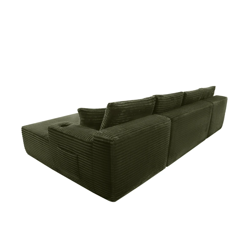 Snug Corduroy Sectional Sofa with U-Shaped Chaise and Side Pockets, Refined Couch for Living Room and Bedroom, 134'' L x 66" W x 26" H, Green