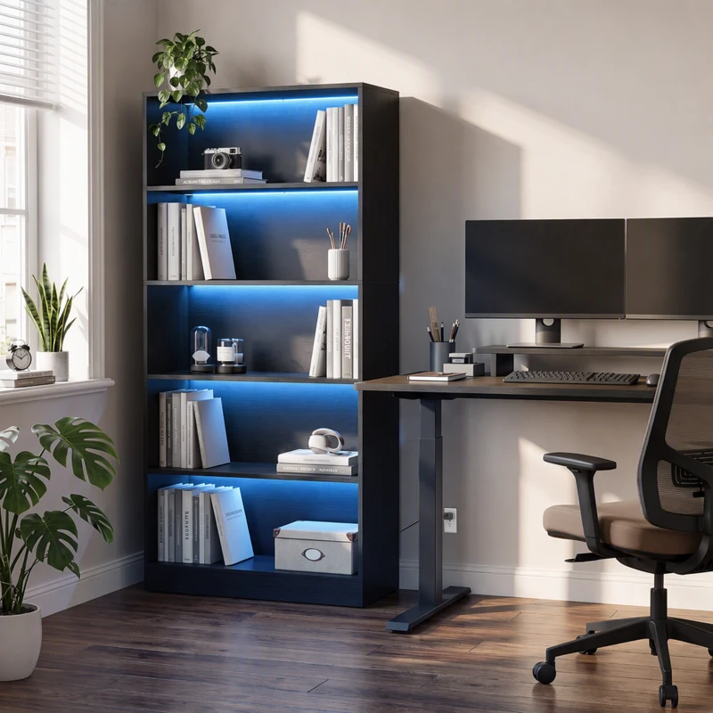HOMCOM Bookshelf with LED Lights, 5-Tier Bookcase, Cable Holes, for Living Room, Study, Black Wood Grain