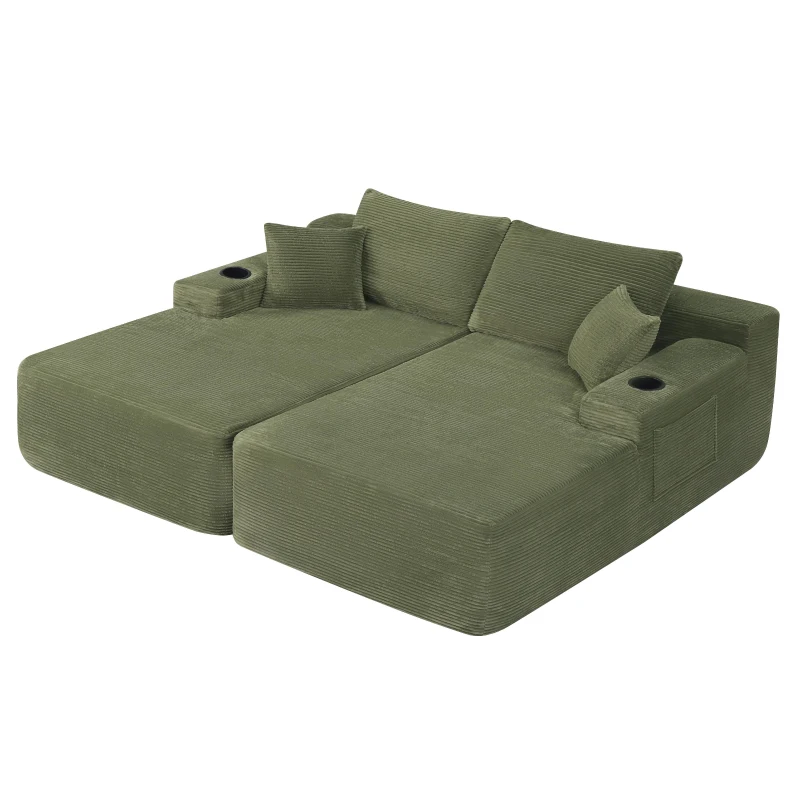 Modern Cloud Sectional with Double Chaise and Deep Seat, Cozy 2-Seater Sofa with Soft Corduroy and No Assembly, 69'' L x 61" W x 30" H, Green