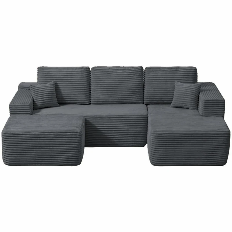 Billowy Fabric Sofa with U-Shaped Chaise and Side Pockets, Tidy Couch for Living Room and Bedroom, 104'' L x 67" W x 32.5" H, Grey Right