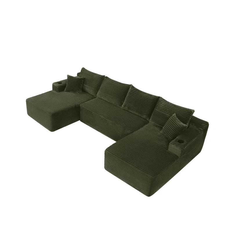 Snug Corduroy Sectional Sofa with U-Shaped Chaise and Side Pockets, Refined Couch for Living Room and Bedroom, 134'' L x 66" W x 26" H, Green