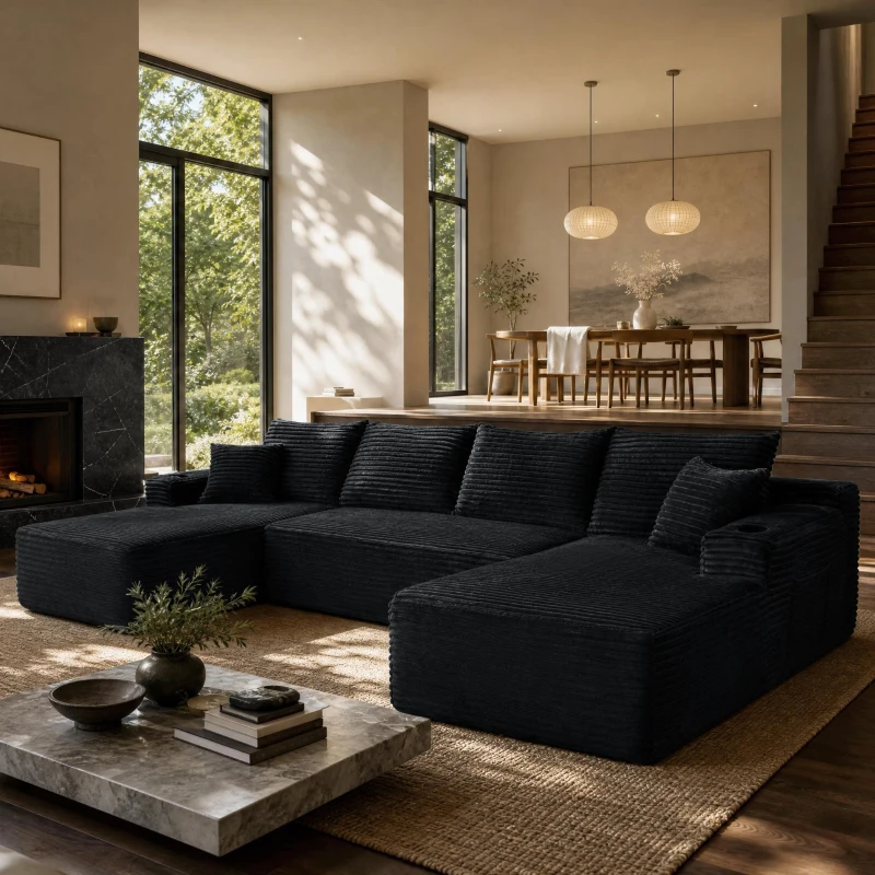 Spacious Corduroy Sectional Sofa with U-Shaped Chaise and Side Pockets, Sleek Couch for Living Room and Bedroom, 133.5'' L x 66" W x 26" H, Black