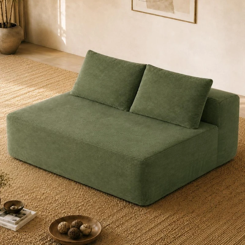 2-Seat Chaise Lounge with Cup Holder and Soft Corduroy, Chic Cloud Couch with Double Chaise and No Assembly, 57'' L x 35" W x 24" H, Green