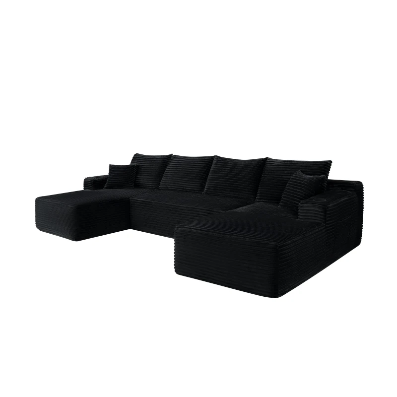 Opulent Fabric Sectional Sofa with U-Shaped Chaise and Side Pockets, Dashing Couch for Living Room and Bedroom, 126'' L x 66" W x 26" H, Black