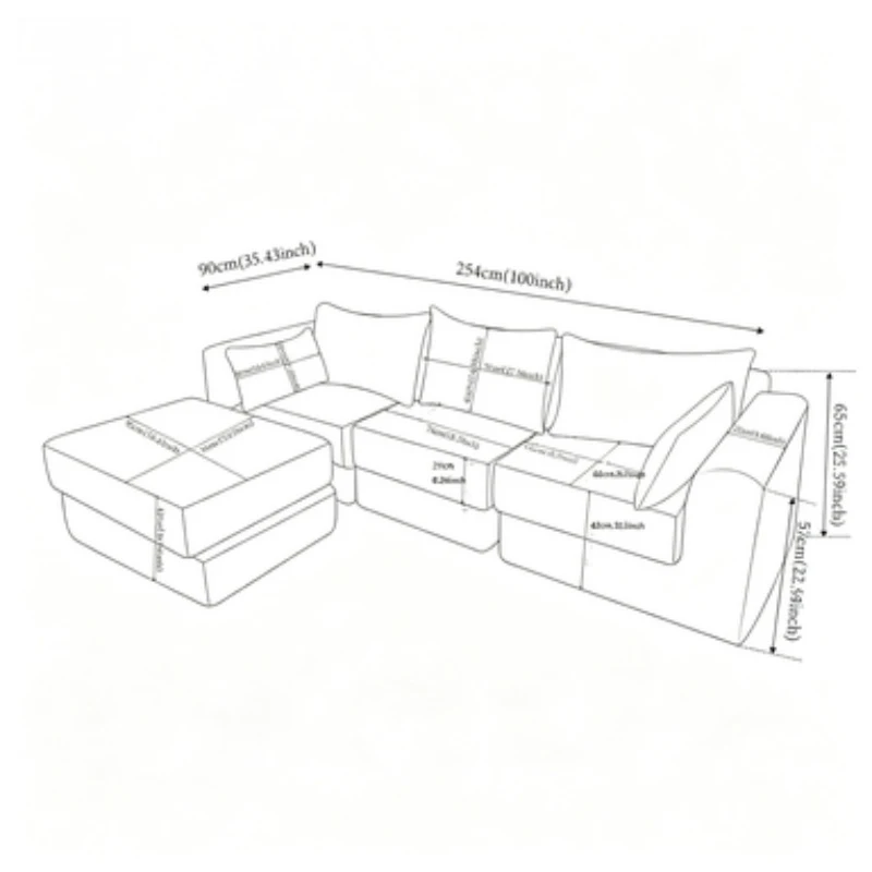 Snuggly Corduroy Sectional Sofa with 5 Pillows and Modular Design, Friendly Couch for Living Room and Bedroom, 100'' L x 35" W x 24" H, Grey