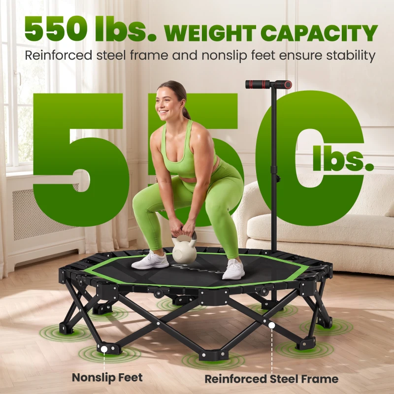 Soozier 50" Foldable Mini Trampoline for Adults, One-Step Fold & Open, 550LBS Capacity, 3-Level Adjustable Handle, Green