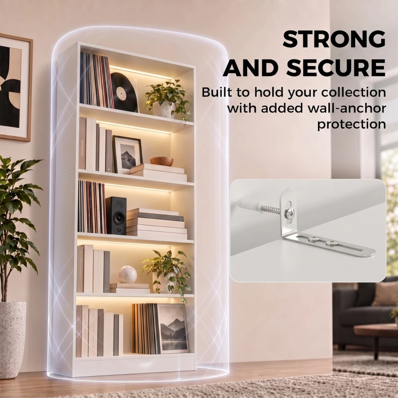 HOMCOM Bookshelf with LED Lights, 5-Tier Bookcase, Cable Holes, for Living Room, Study, White Wood Grain