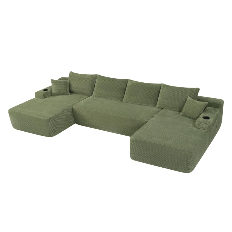 Modern Sectional with U-Shape Chaise and Cup Holder, Cozy Modular Sofa with Side Pockets and No Assembly, 126'' L x 66" W x 26" H, Green