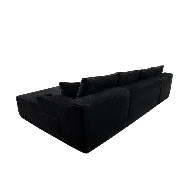 Spacious Corduroy Sectional Sofa with U-Shaped Chaise and Side Pockets, Sleek Couch for Living Room and Bedroom, 133.5'' L x 66" W x 26" H, Black