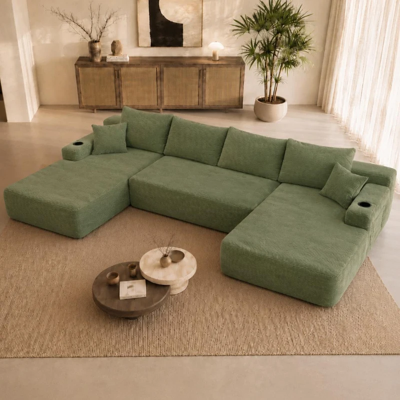 Modern Sectional with U-Shape Chaise and Cup Holder, Cozy Modular Sofa with Side Pockets and No Assembly, 126'' L x 66" W x 26" H, Green
