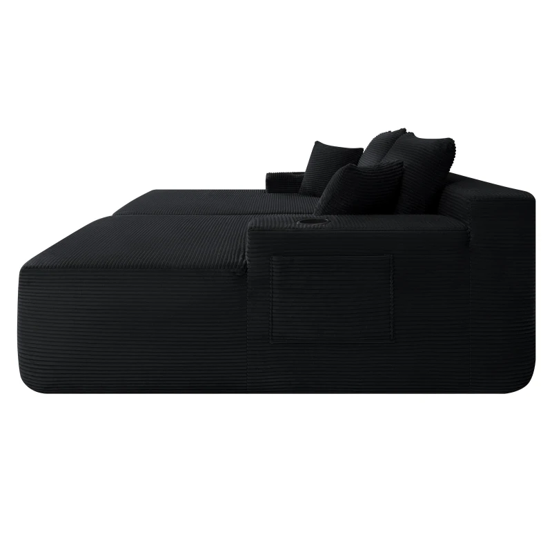 Lasting Corduroy Sectional Sofa with Double Chaise and Deep Seat, Trim Couch for Modern Living Room and Bedroom, 69'' L x 61" W x 30" H, Black