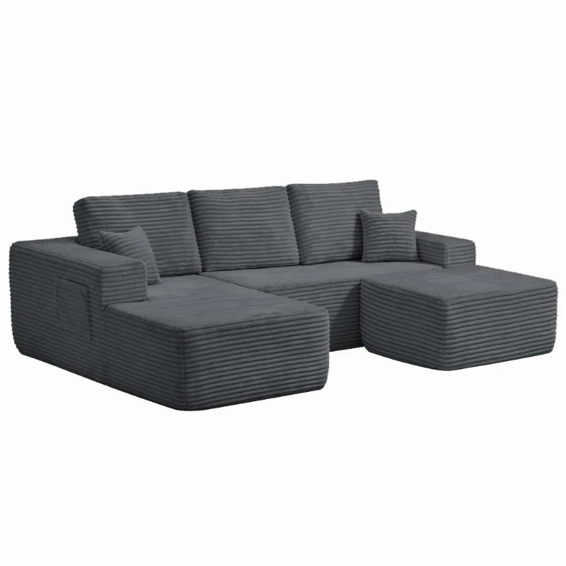 Lush Fabric Sofa with U-Shaped Chaise and Side Pockets, Understated Couch for Living Room and Bedroom, 104'' L x 67" W x 32.5" H, Grey Left