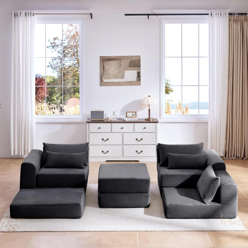 Snuggly Corduroy Sectional Sofa with 5 Pillows and Modular Design, Friendly Couch for Living Room and Bedroom, 100'' L x 35" W x 24" H, Grey