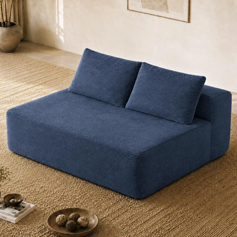 Vivid Corduroy Chaise Lounge with Dual Seats, Deep Seat and Cup Holder, Lively Couch for Living Room and Bedroom, 57'' L x 35" W x 24" H, Blue