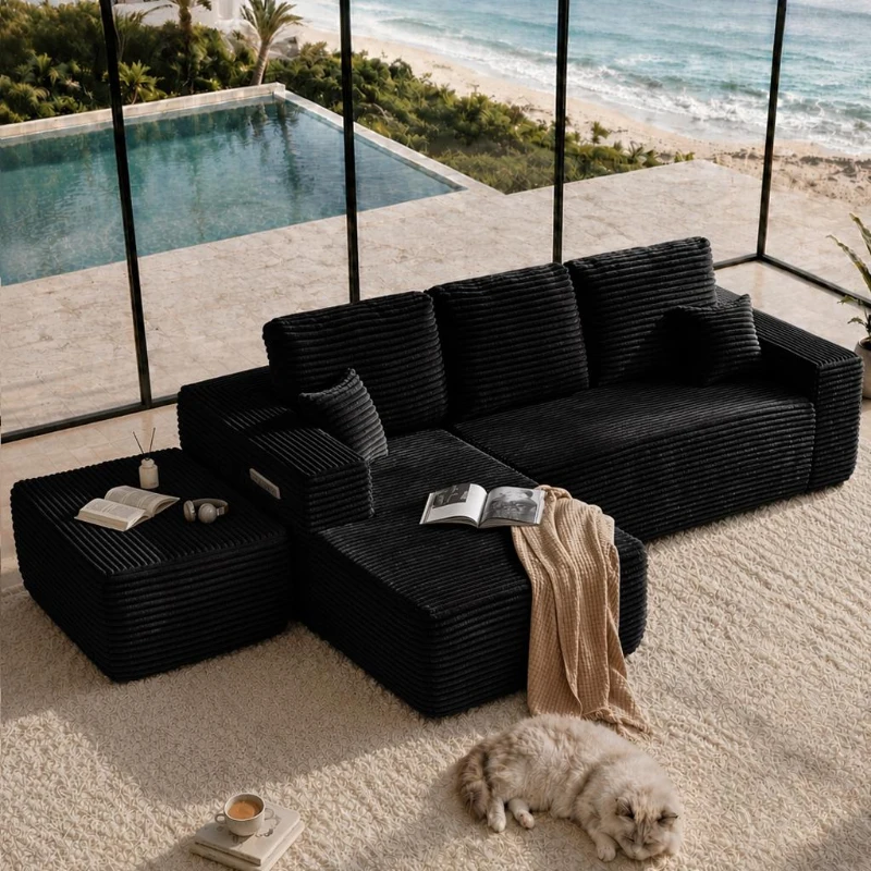 Roomy Fabric Sectional Sofa with U-Shaped Chaise and Side Pockets, Polished Couch for Living Room, 104'' L x 67" W x 32.5" H, Black Left