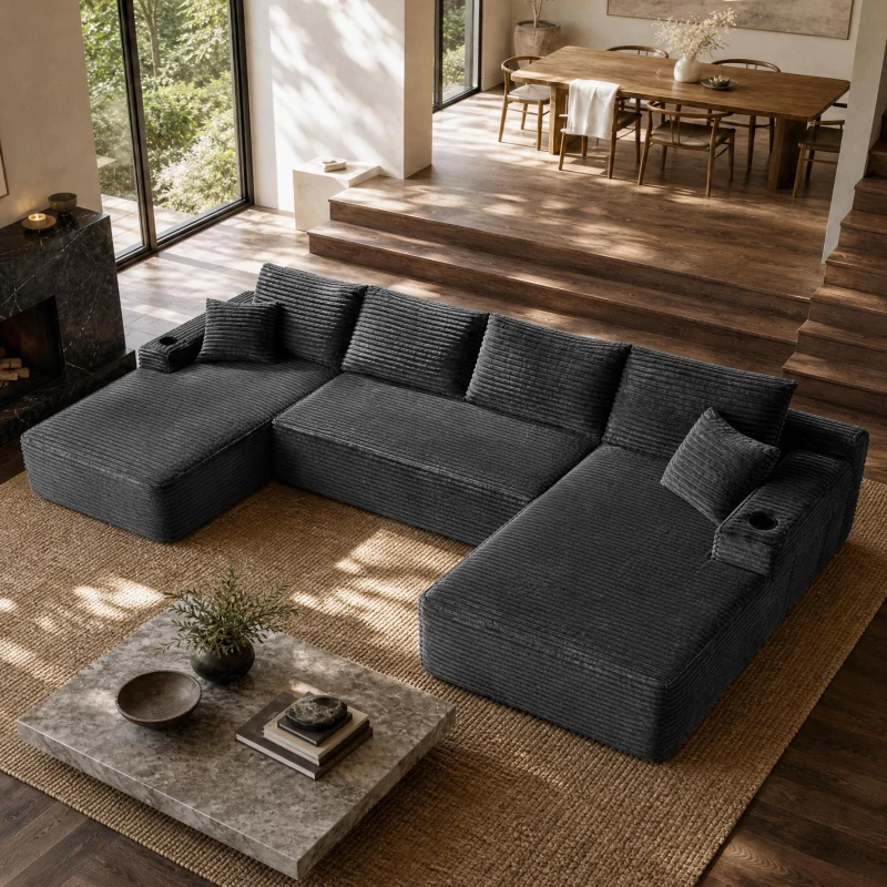 Comfy Corduroy Sectional Sofa with U-Shaped Chaise and Side Pockets, Chic Couch for Living Room and Bedroom, 133'' L x 66" W x 26" H, Grey