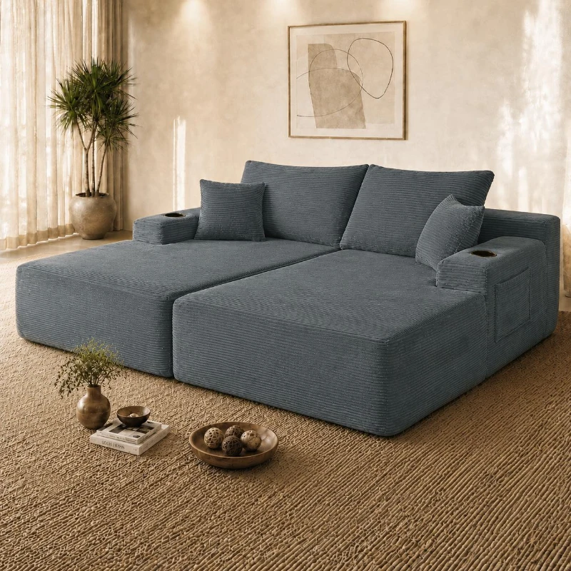Robust Corduroy Sectional Sofa with Double Chaise and Deep Seat, Neat Couch for Modern Living Room and Bedroom, 69'' L x 61" W x 30" H, Grey