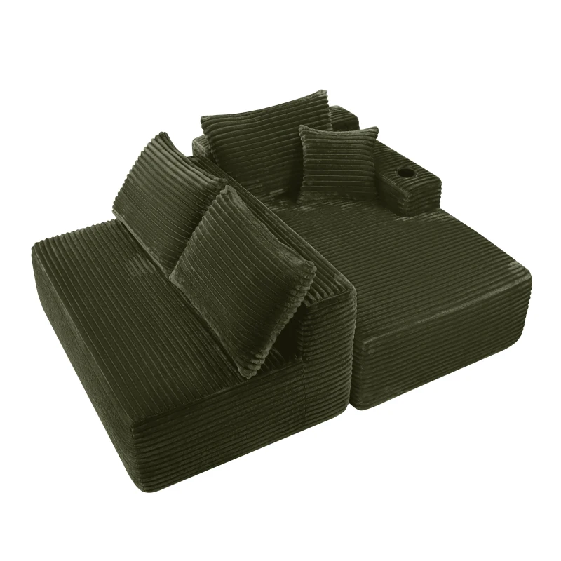 Warm Corduroy Sectional Sofa with L-Shaped Chaise and Cup Holder, Sensible Couch for Living Room and Bedroom, 96'' L x 66" W x 33" H, Green