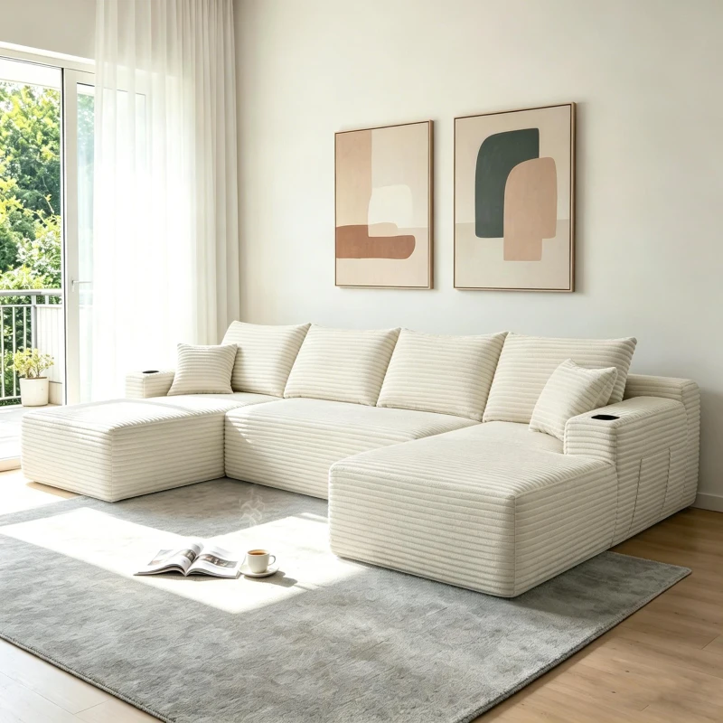 Chic Cloud Sectional with U-Shape Chaise and Cup Holder, Cozy Modular Couch with Side Pockets and No Assembly, 126'' L x 66" W x 26" H, Beige