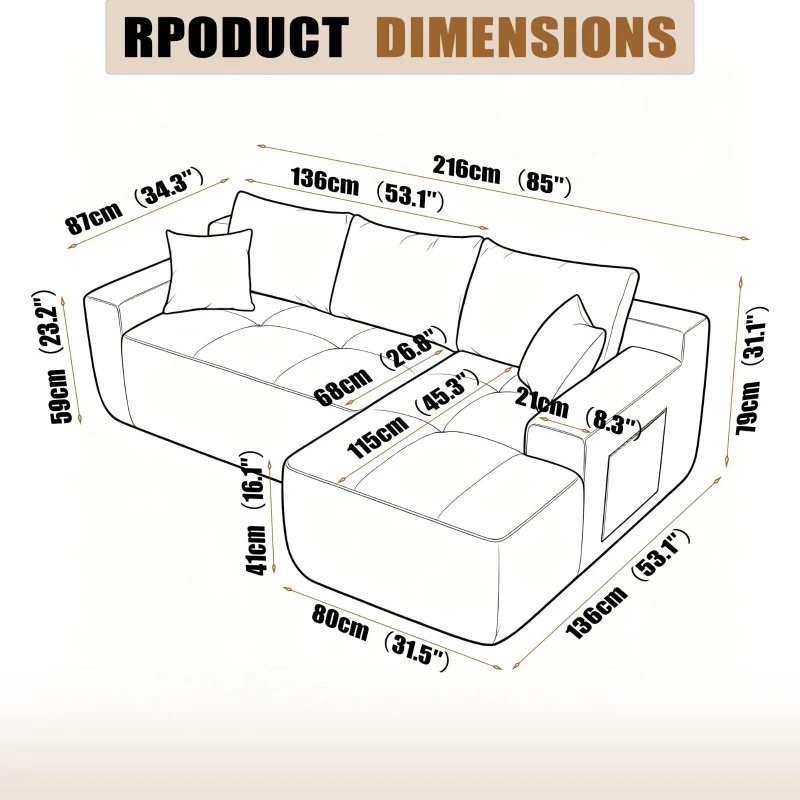 Modern Cloud Sectional with L-Shape Chaise and Deep Seat, Modular Sofa with Cotton-Linen Fabric and No Assembly, 85'' L x 53" W x 24" H, Black