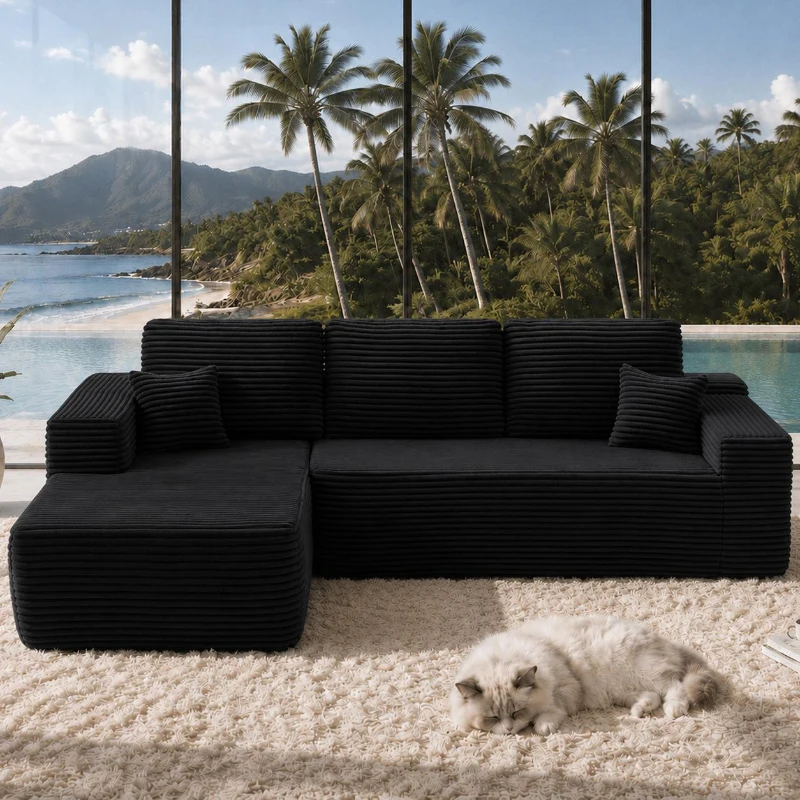 Airy Fabric Sofa with L-Shaped Chaise and Side Pockets, Timeless Couch for Living Room and Bedroom, 104'' L x 67" W x 32.5" H, Black Left