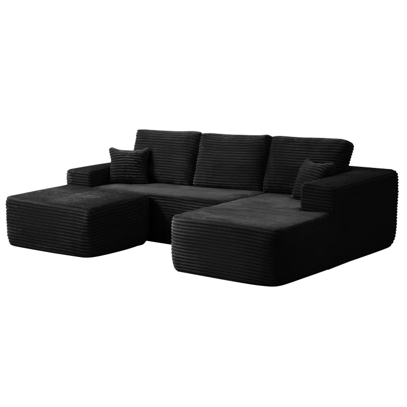 Ethereal Fabric Sofa with U-Shaped Chaise and Side Pockets, Sharp Couch for Living Room and Bedroom, 104'' L x 67" W x 32.5" H, Black Right