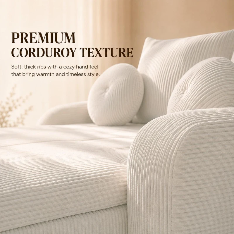 Cozy 2-Piece Chaise Lounge Set with Left and Right Design, Modern Corduroy Lounge Chair with Spring Padding, 66'' L x 76" W x 23" H, White