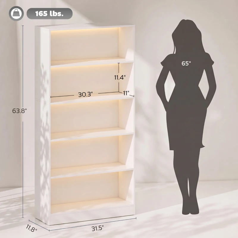 HOMCOM Bookshelf with LED Lights, 5-Tier Bookcase, Cable Holes, for Living Room, Study, White Wood Grain