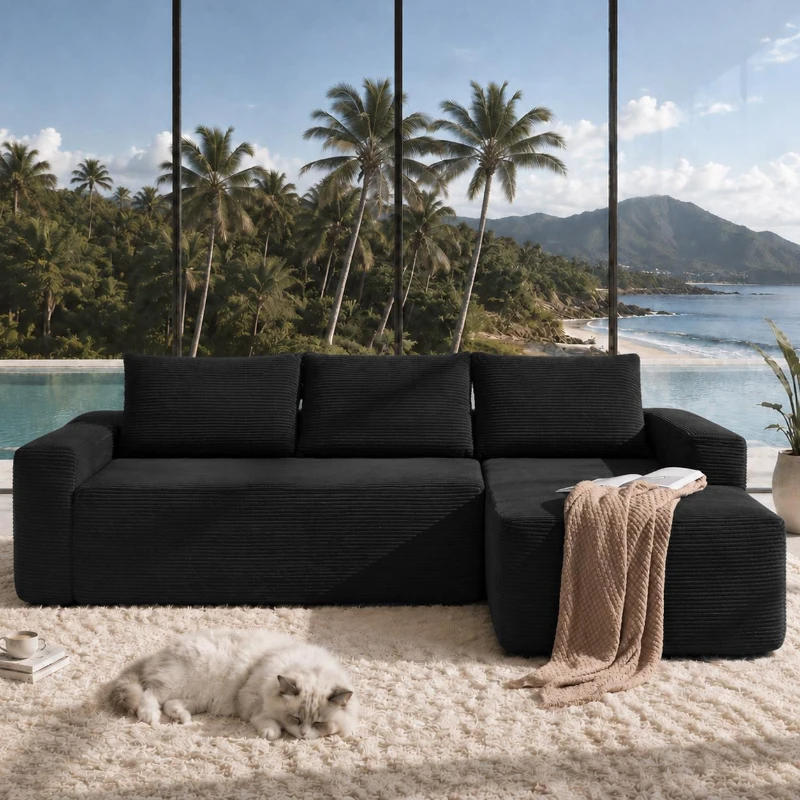 Tactile Corduroy Sofa with L-Shaped Chaise and Side Pockets, Rich Couch for Living Room and Bedroom, 104'' L x 67" W x 32.5" H, Black Right