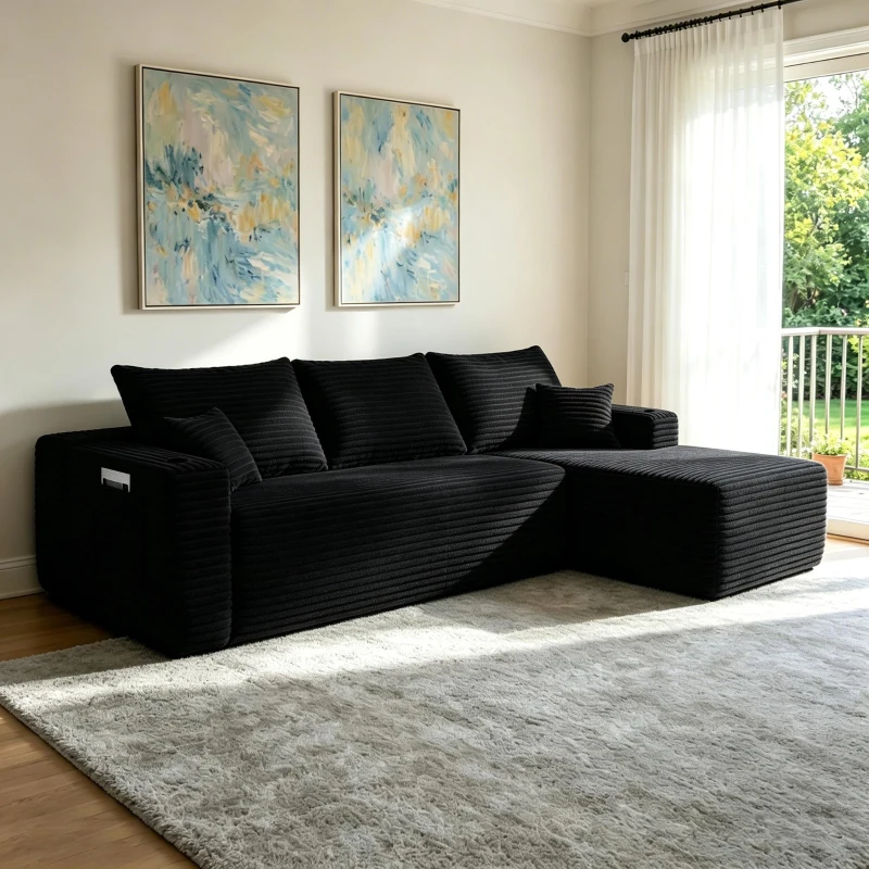 Smooth Fabric Sofa with L-Shaped Chaise and Side Pockets, Urbane Couch for Living Room and Bedroom, 108'' L x 63" W x 23" H, Black Right