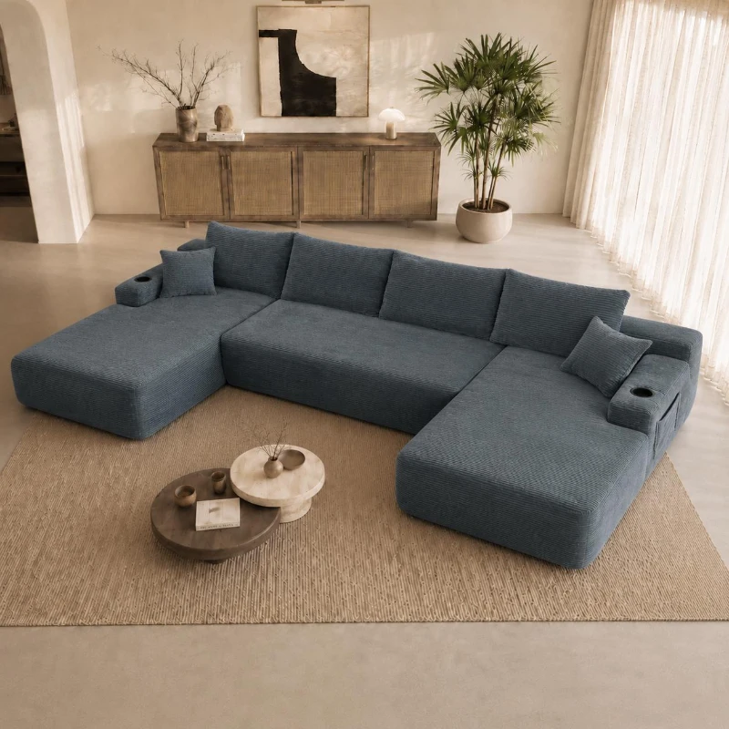 Grand Corduroy Sectional Sofa with U-Shaped Double Chaise and Pockets, Stylish Couch for Living Room and Bedroom, 126'' L x 66" W x 26" H, Grey