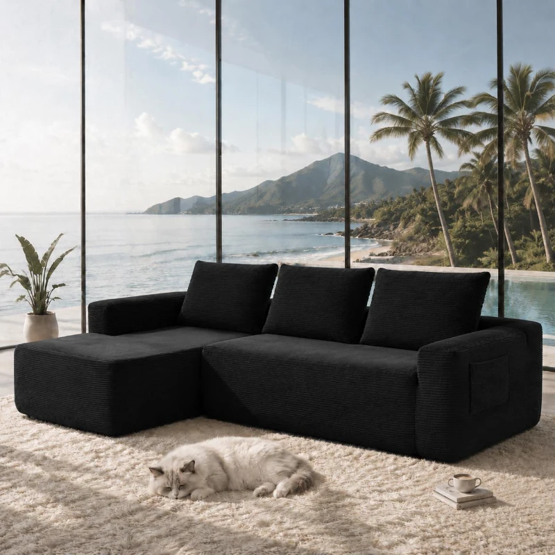 Modern Cloud Sectional with L-Shaped Chaise and Deep Seat, Modular Sofa with Side Pockets and No Assembly, 104'' L x 67" W x 32.5" H, Black