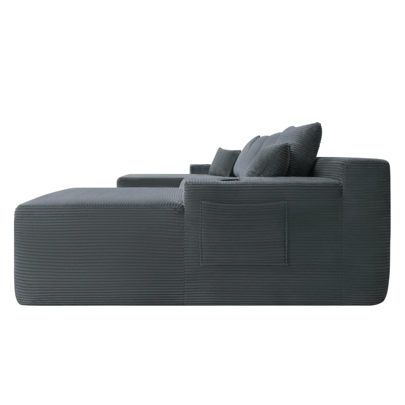Grand Corduroy Sectional Sofa with U-Shaped Double Chaise and Pockets, Stylish Couch for Living Room and Bedroom, 126'' L x 66" W x 26" H, Grey